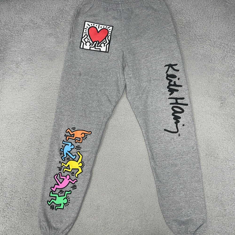 Keith Haring Sweatpants Men's Sz M Heather Gray Fleece Pop Artwork Jogger